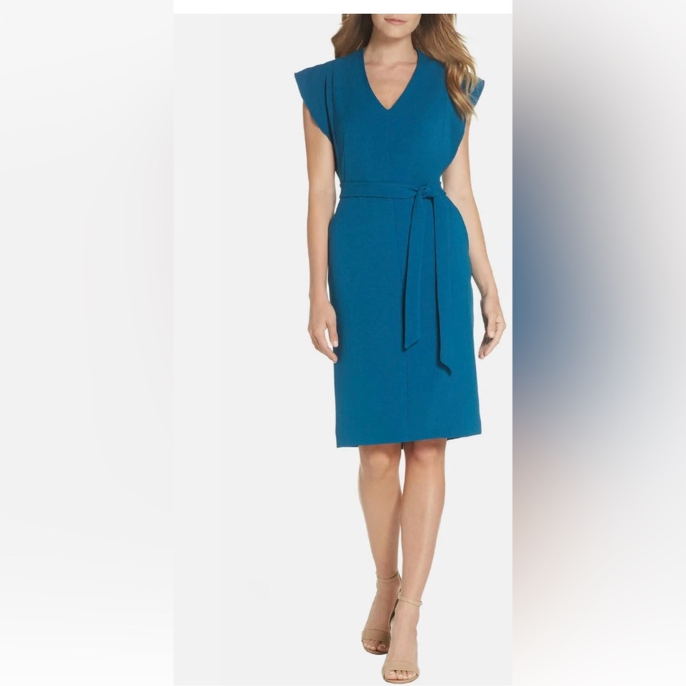 Eliza J Ruffle Sleeves Belted Sheath Dress Teal Crepe V-Neck